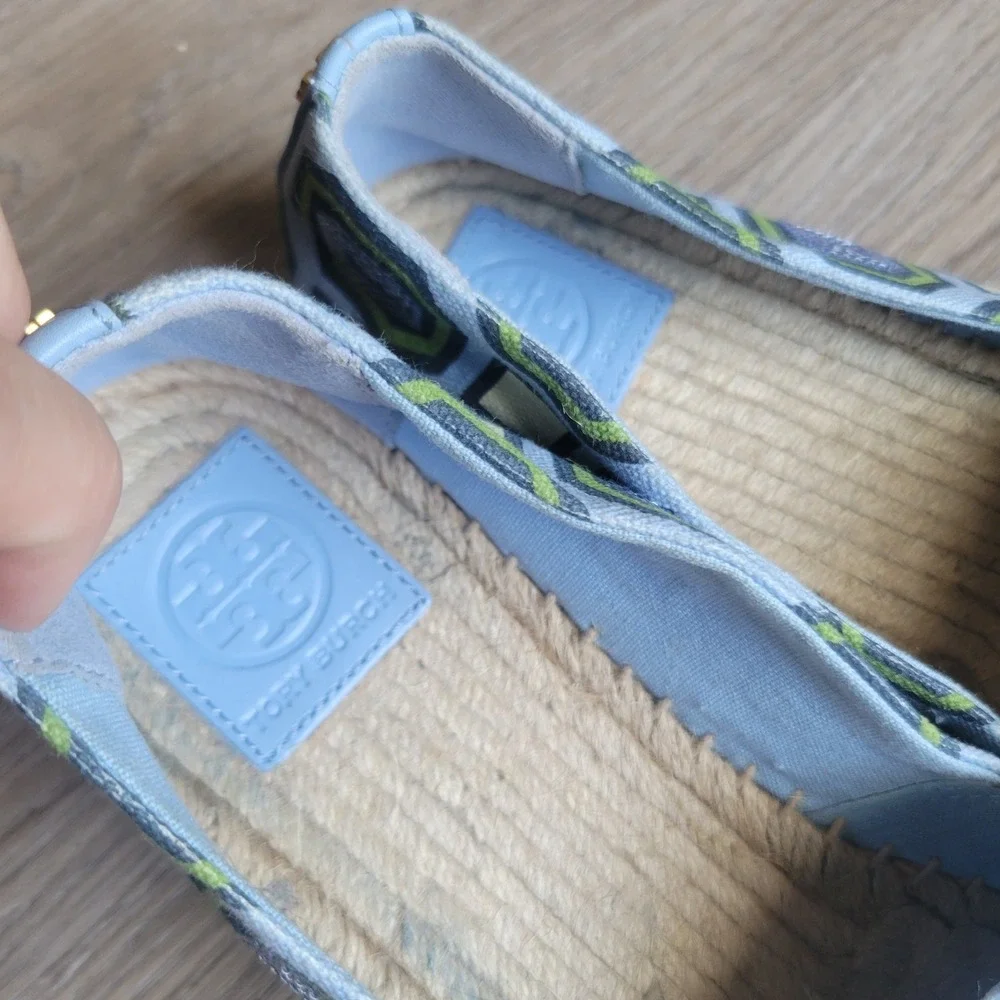 Tory Burch Women Espadrille Flats 9.5 Blue Geometric Sequin Canvas Coastal Slip